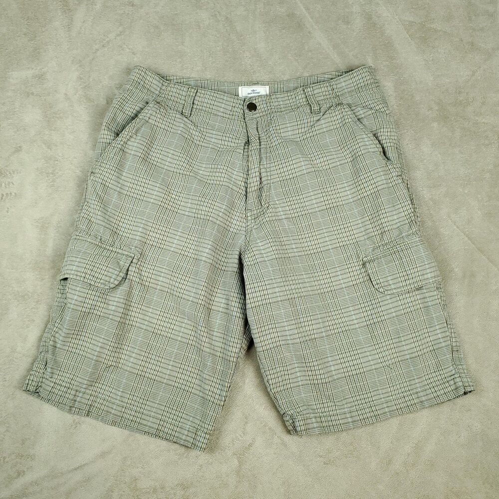 Dockers Cargo Shorts Mens 33 Beige Plaid 100% Cotton Loose Fit Summer Casual